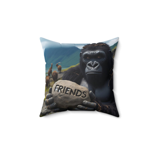Bring a touch of the wild into your home with our Friendly Gorilla in Nature Pillow. This captivating decorative pillow features a majestic gorilla holding a stone engraved with "FRIENDS" amidst a serene natural landscape. Great Gift for Friends Too. ORDER NOW!!! (SK Superb)