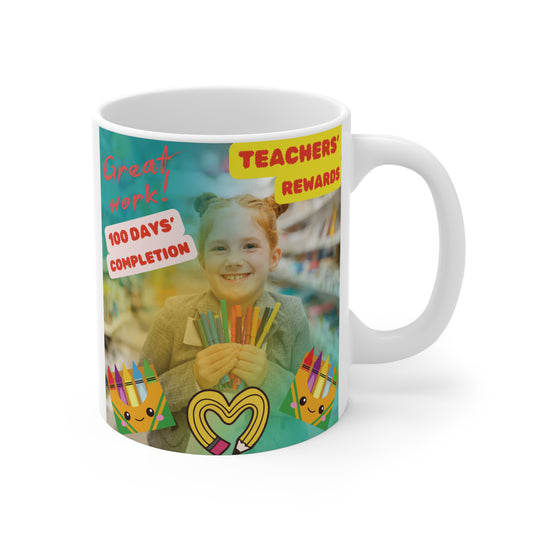 A fun, colorful design with our Teachers' Rewards 11oz Mug, for 100 Days' Completion milestones! Ideal gift for teachers and kids. BUY NOW!