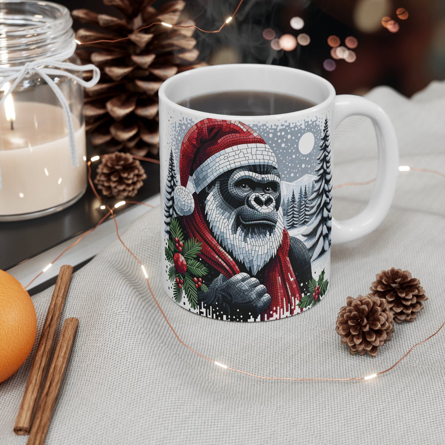 Festive Gorilla Santa 11oz Mug - Mosaic Style Christmas Coffee Cup