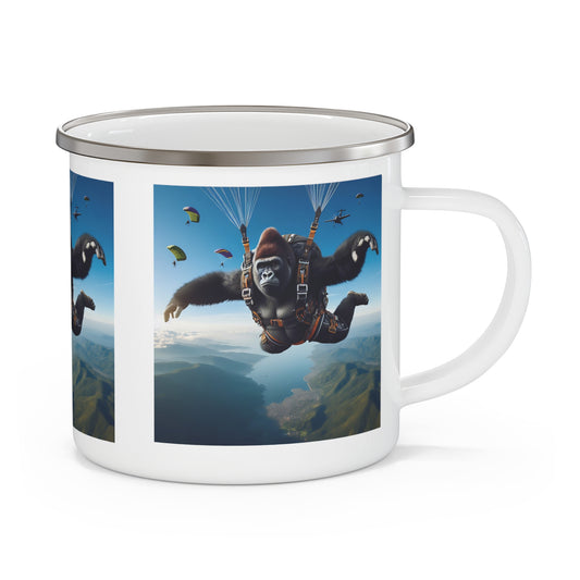 Our fun "Gorilla Skydiving Adventure" Enamel Mug captures human fascination with skydiving. Ideal for outdoor and skydiving fans, camping, hiking, nature lovers, thrill-seekers, and anyone with a passion for extreme sports or quirky drinkware! BUY NOW! (SK Superb)