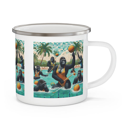 Experience the thrill of the game with our Female Gorilla Water Polo Enamel Camping Mug! An eye-catching design of gorillas playing water polo in a vibrant pool setting, reminiscent  of humans enjoying the sport. Perfect for outdoor enthusiasts, camping, hiking, picnics, and everyday use. BUY NOW! (SK Superb)