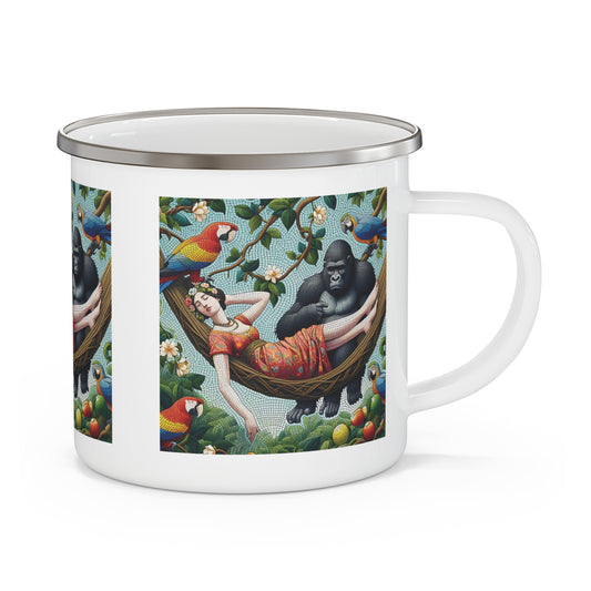 Experience tranquility with this enamel camping mug featuring a gorilla and a woman lounging in a hammock in a tropical paradise. A mug for outdoor adventures or everyday use. Ideal for camping, hiking, or home use. This mosaic-style art drinkware is a perfect gift or for personal keepsake. BUY NOW! (SK Superb)