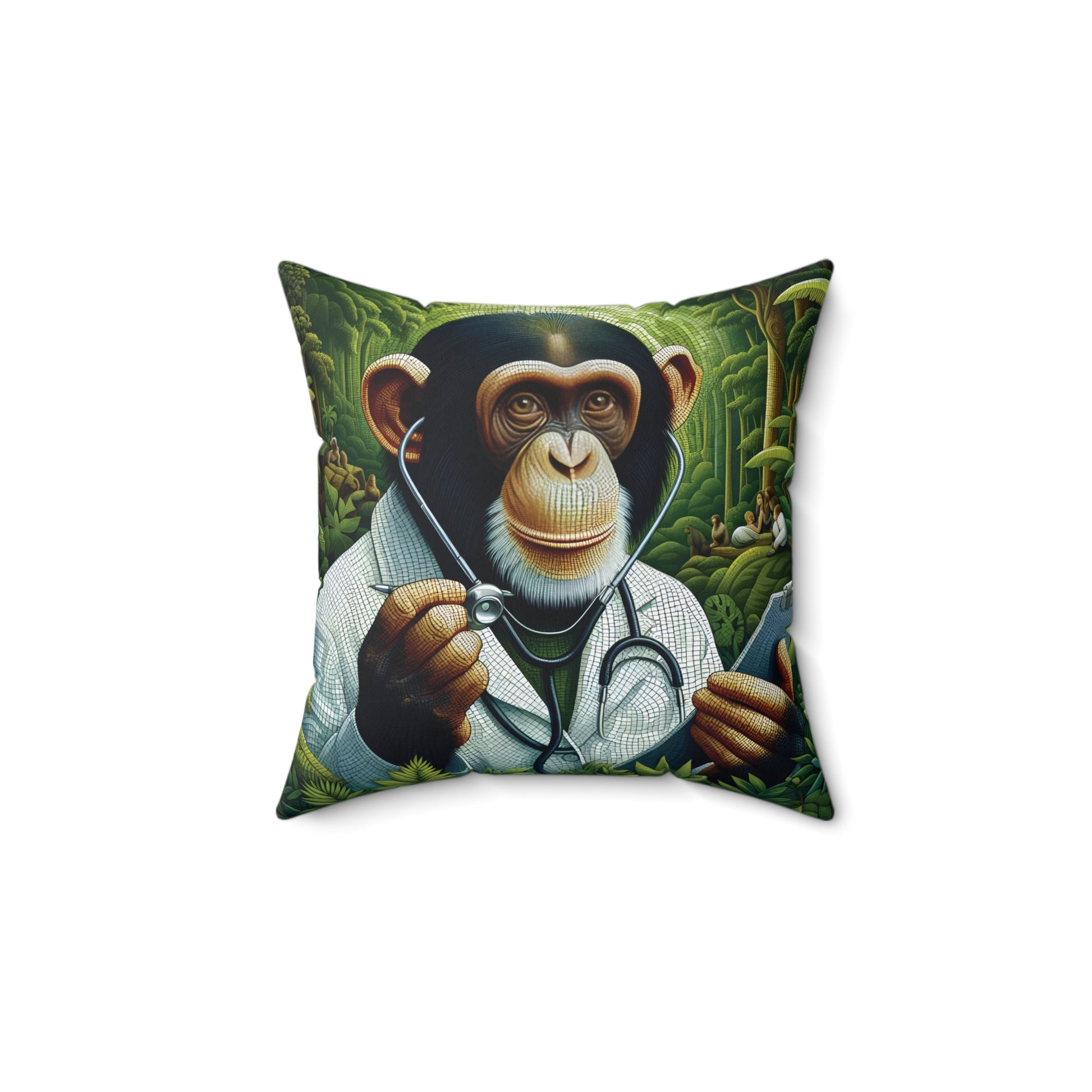 A whimsy home decor with our "Doctor Chimpanzee Decorative Pillow." This vibrant pillow features a charming chimpanzee dressed as a doctor, complete with a stethoscope and clipboard, in a lush jungle background. Perfect for adding a playful yet sophisticated touch to your living room, bedroom, or office. (SK Superb)