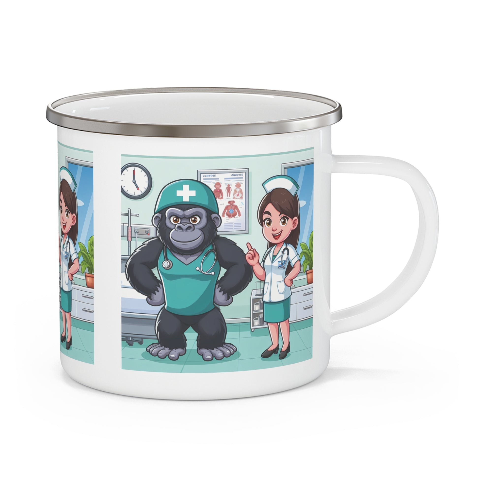 Fun Nurse & Doctor Gorilla Enamel Camping Mug – perfect for healthcare professionals who love a bit of humor. This playful cartoon mug is ideal for camping, traveling, or home use. A unique gift choice for healthcare heroes or anyone who enjoys funny medical-themed items. BUY NOW! (SK Superb)