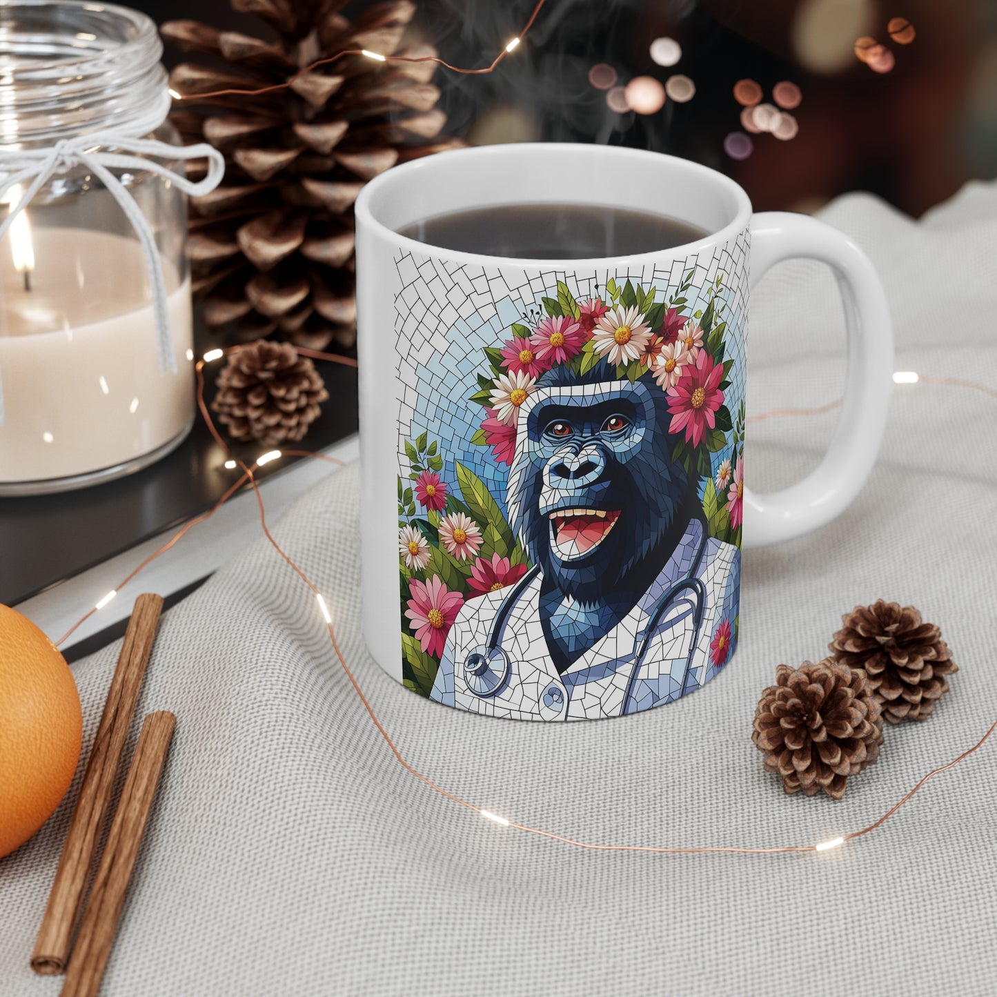 11oz Floral Crown Gorilla Nurse Mug in Mosaic Style