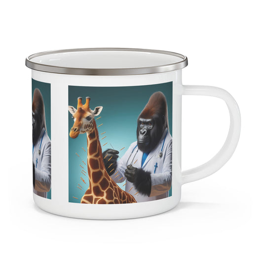 Our fun design enamel camping mug of a "Gorilla Acupuncturist" treating a giraffe. This quirky mug is perfect for camping, outdoor adventures, or daily use. Ideal playful gift for animal lovers, wildlife enthusiasts, and veterinarians. BUY NOW! (SK Superb)