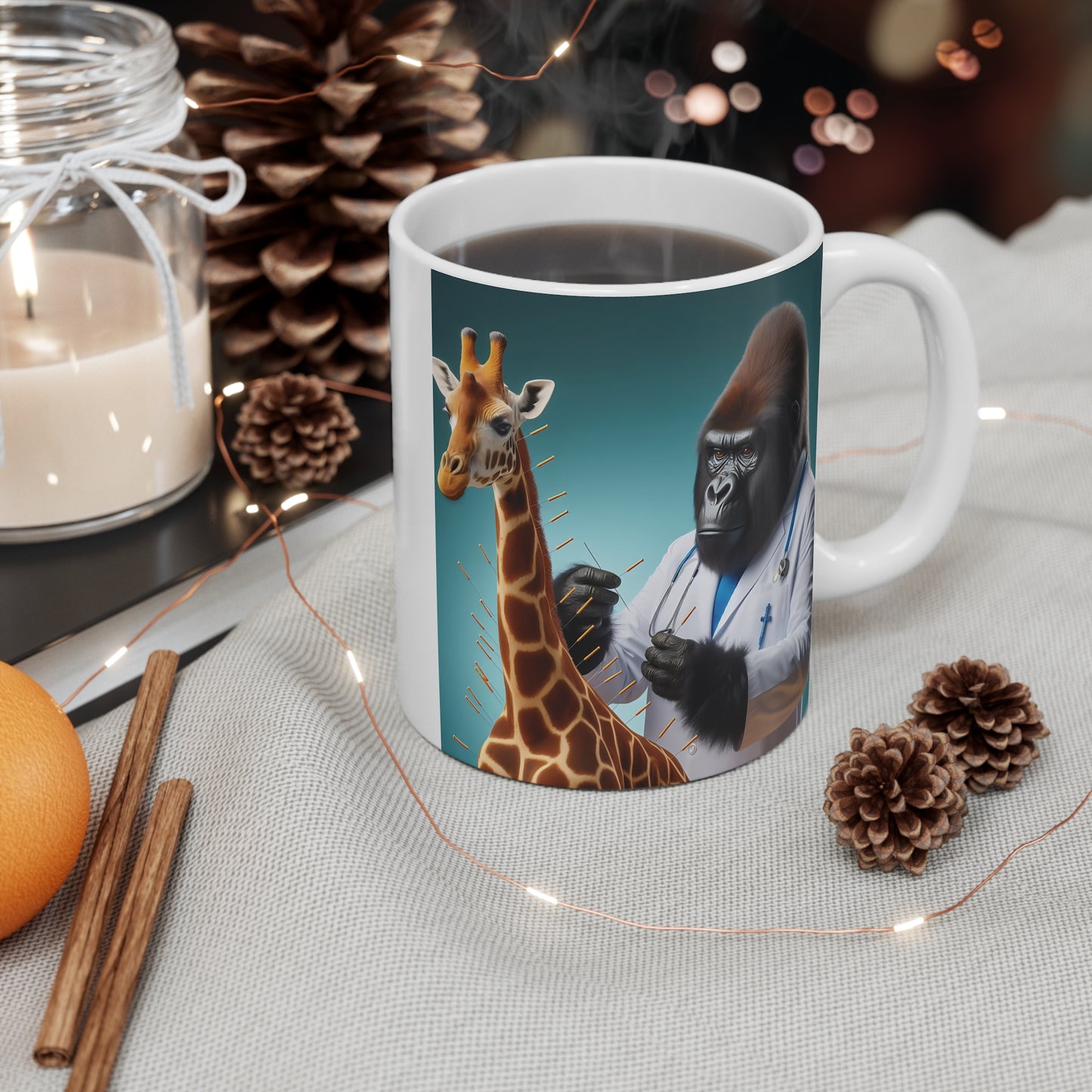 Dr. Gorilla Acupuncturist Treating a Giraffe Medical Mug 11oz