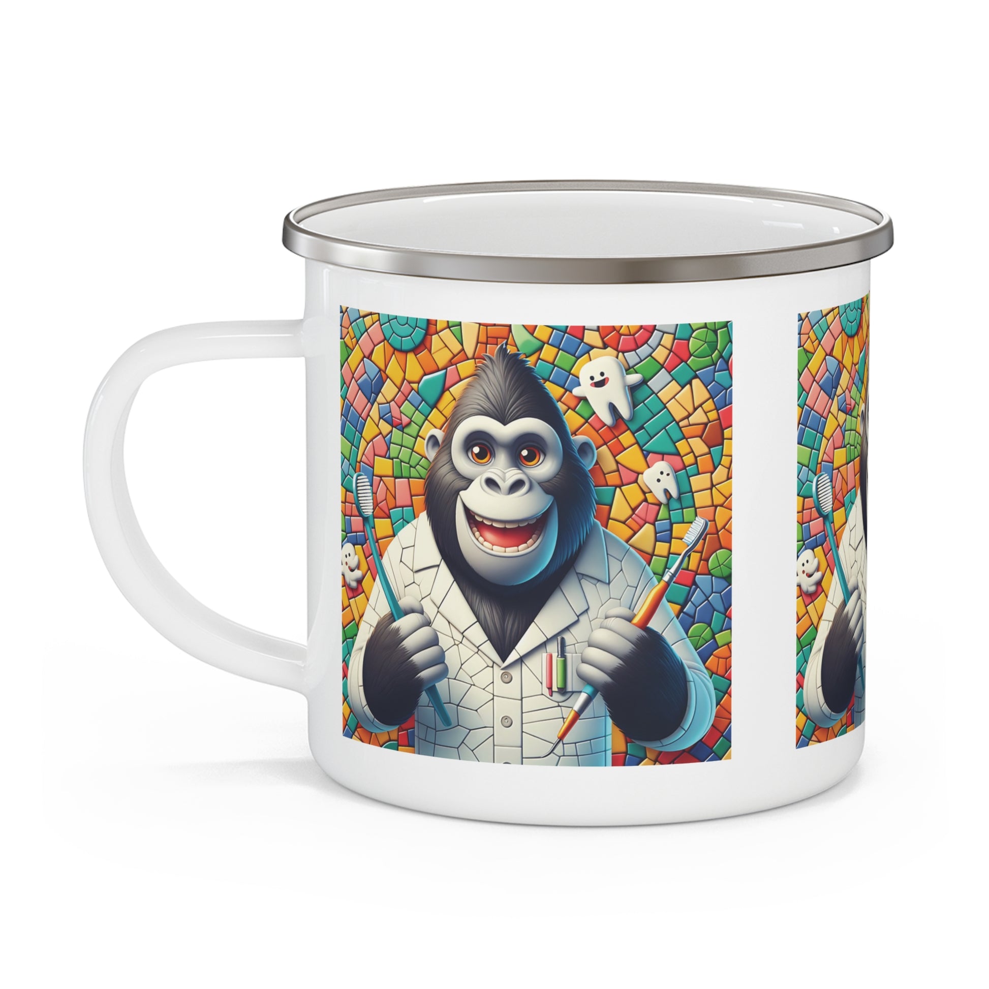 Vibrant Mosaic Design Gorilla Dentist Enamel Camping Mug – Fun Gift for Animal Lovers