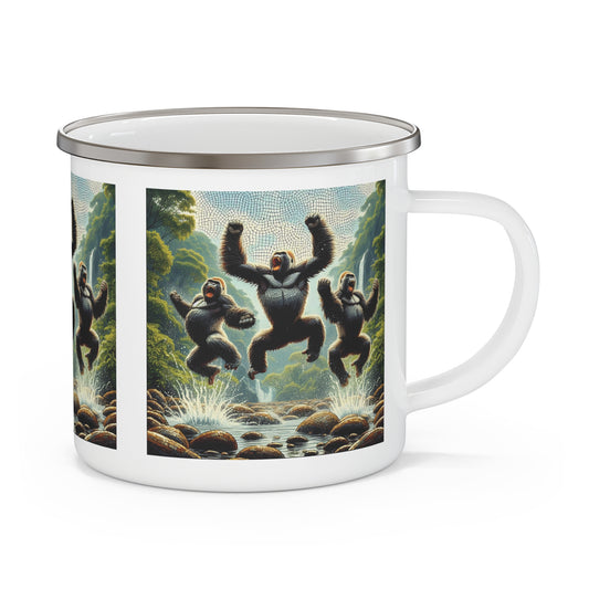 Experience the thrill of the wild with our "Joyful Gorilla Jump" Enamel Camping Mug. Perfect for your outdoor adventures, camping trips, travel or home use. A vibrant artwork mug, bringing nature's beauty to your adventures. BUY NOW! (SK Superb)