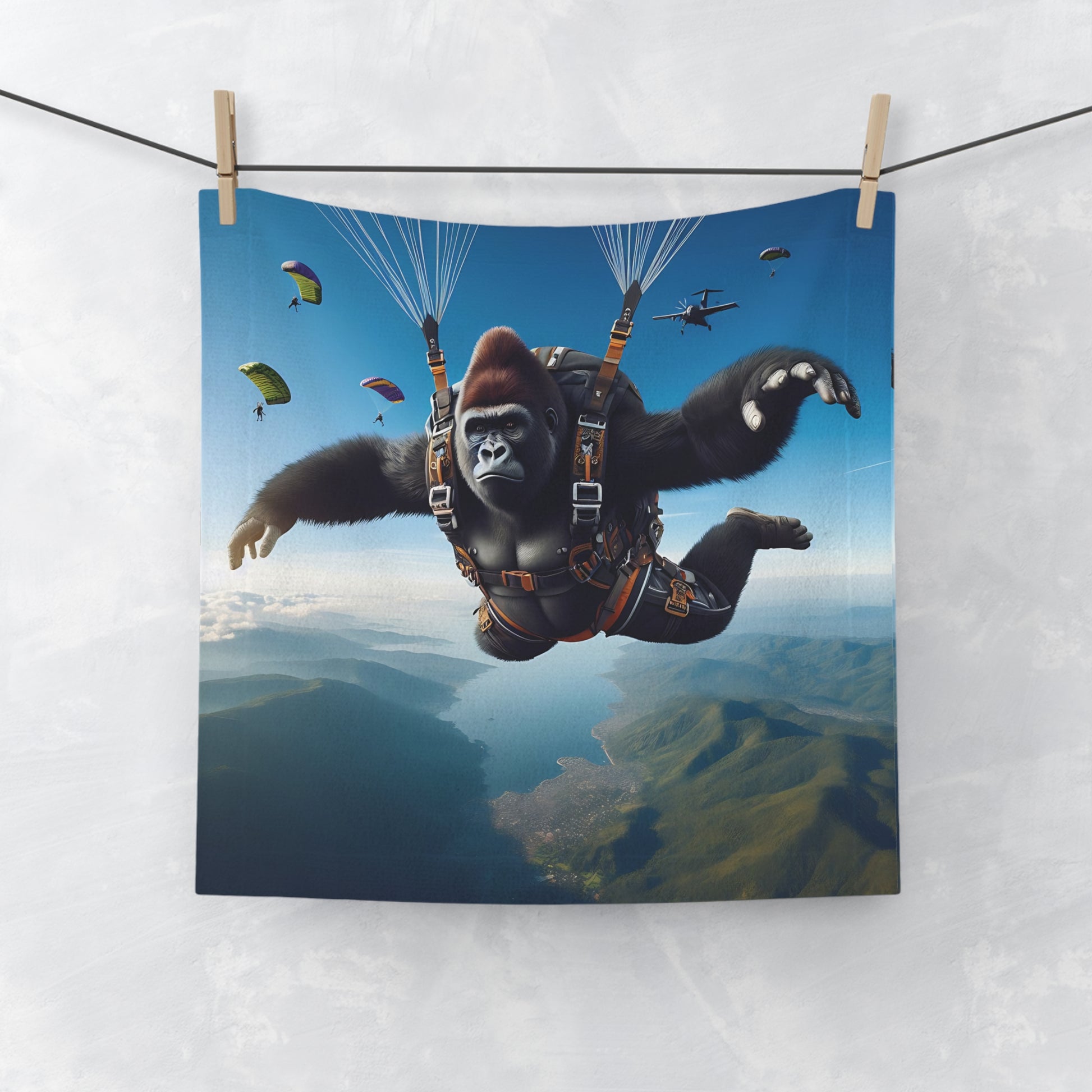 Elevate your bathroom or gym decor with our "Gorilla Parachuting Adventure Face Towel". This towel is perfect for adventure enthusiasts and wildlife lovers alike. Perfect for bathroom, gym, or as a travel accessory. BUY NOW! (SK Superb)