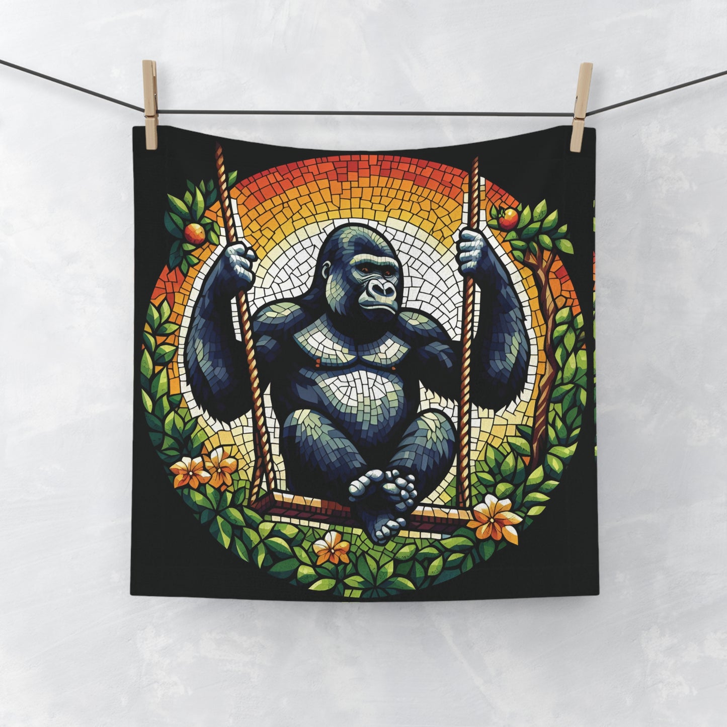 Our Elegant Mosaic Gorilla Swing Face Towel features a mosaic design gorilla leisurely swinging, adding a unique artistic flair to your home decor. Ideal as a gift for animal lovers and art enthusiasts, this face towel combines functionality with an eye-catching design. BUY NOW! (SK Superb)