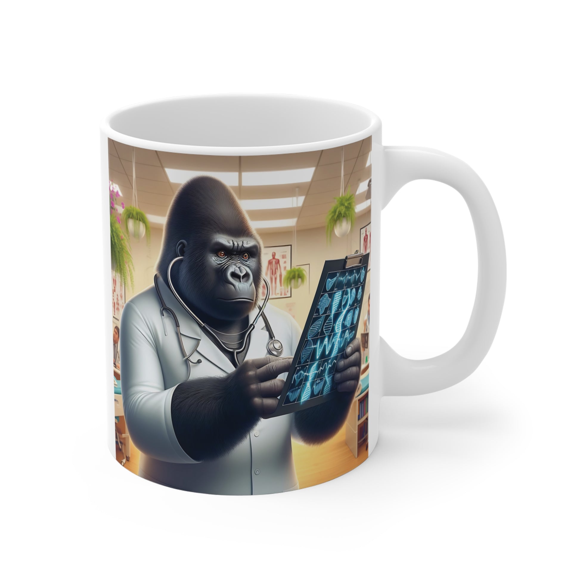 Our unique "Dr. Gorilla Examining X-Rays" 11oz mug is ideal for medical professionals, radiologists, veterinarians, and animal enthusiasts. This mug blends humor and professionalism in a captivating design. Perfect gift for colleagues, friends, and family who appreciate both medicine and wildlife. BUY NOW! (SK Superb)