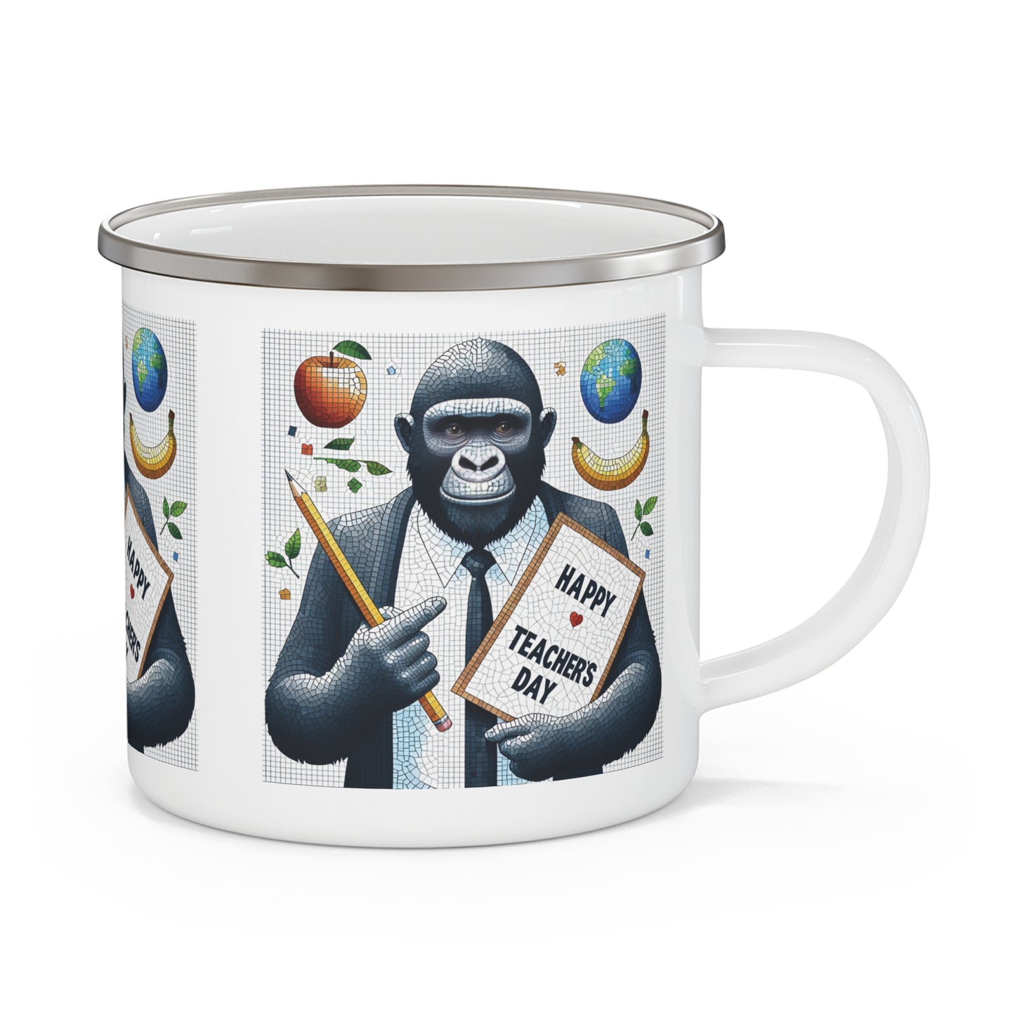 A fun gorilla dressed as a teacher enamel camping mug - perfect for teacher appreciation gift. Ideal for camping, travel, or daily classroom use, it’s a humorous yet heartfelt way to show gratitude to your favorite teacher. Make your teacher smile with this one-of-a-kind gift mug! BUY NOW! (SK Superb)