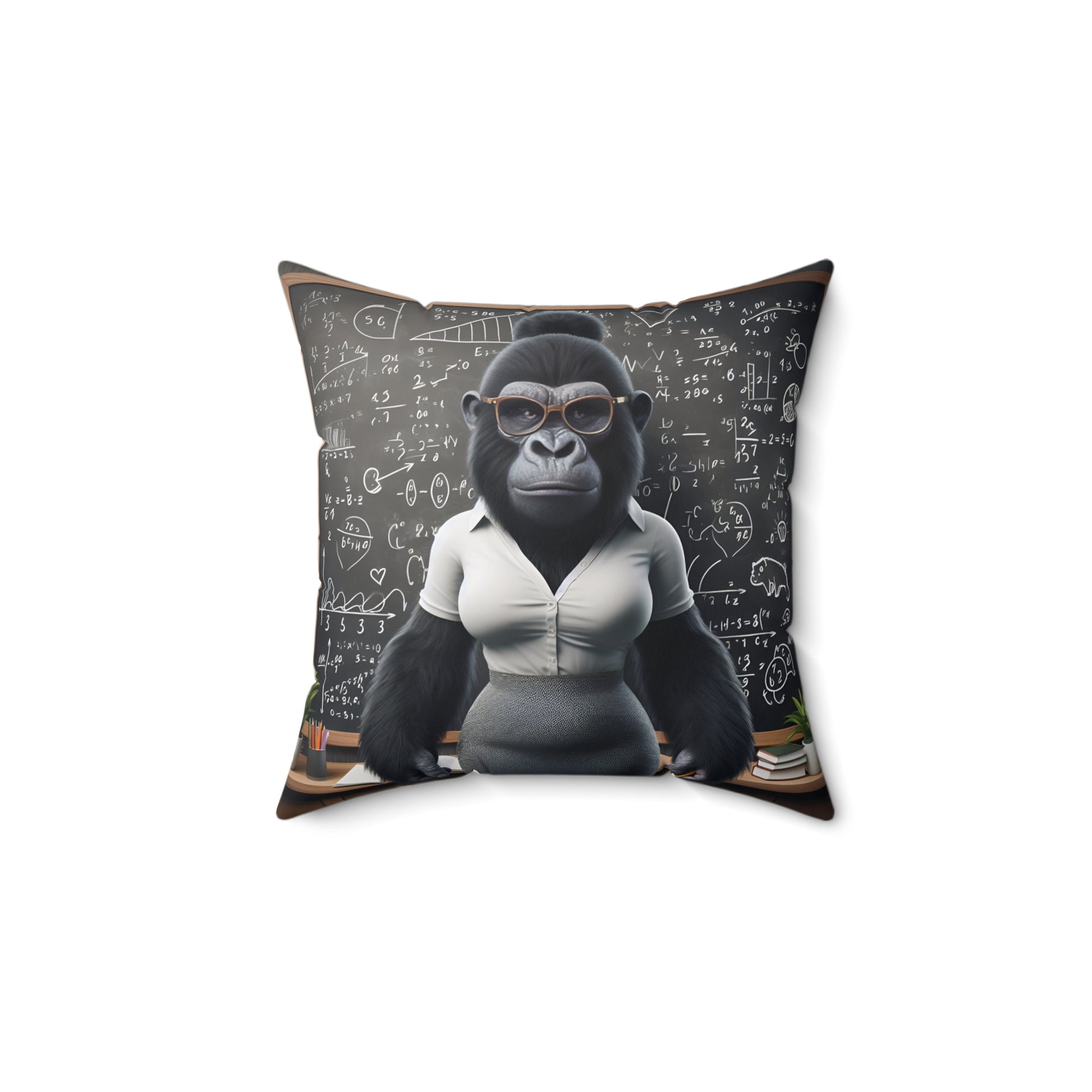 Add a playful yet scholarly vibe to your home decor with the Sweetie Gorilla Teacher Pillow. It features a distinguished gorilla dressed as a teacher, standing confidently in front of a chalkboard filled with complex equations and diagrams. A fun gift for educators and animal lovers alike. (SK Superb)