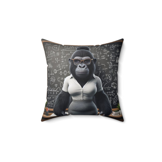 Add a playful yet scholarly vibe to your home decor with the Sweetie Gorilla Teacher Pillow. It features a distinguished gorilla dressed as a teacher, standing confidently in front of a chalkboard filled with complex equations and diagrams. A fun gift for educators and animal lovers alike. (SK Superb)