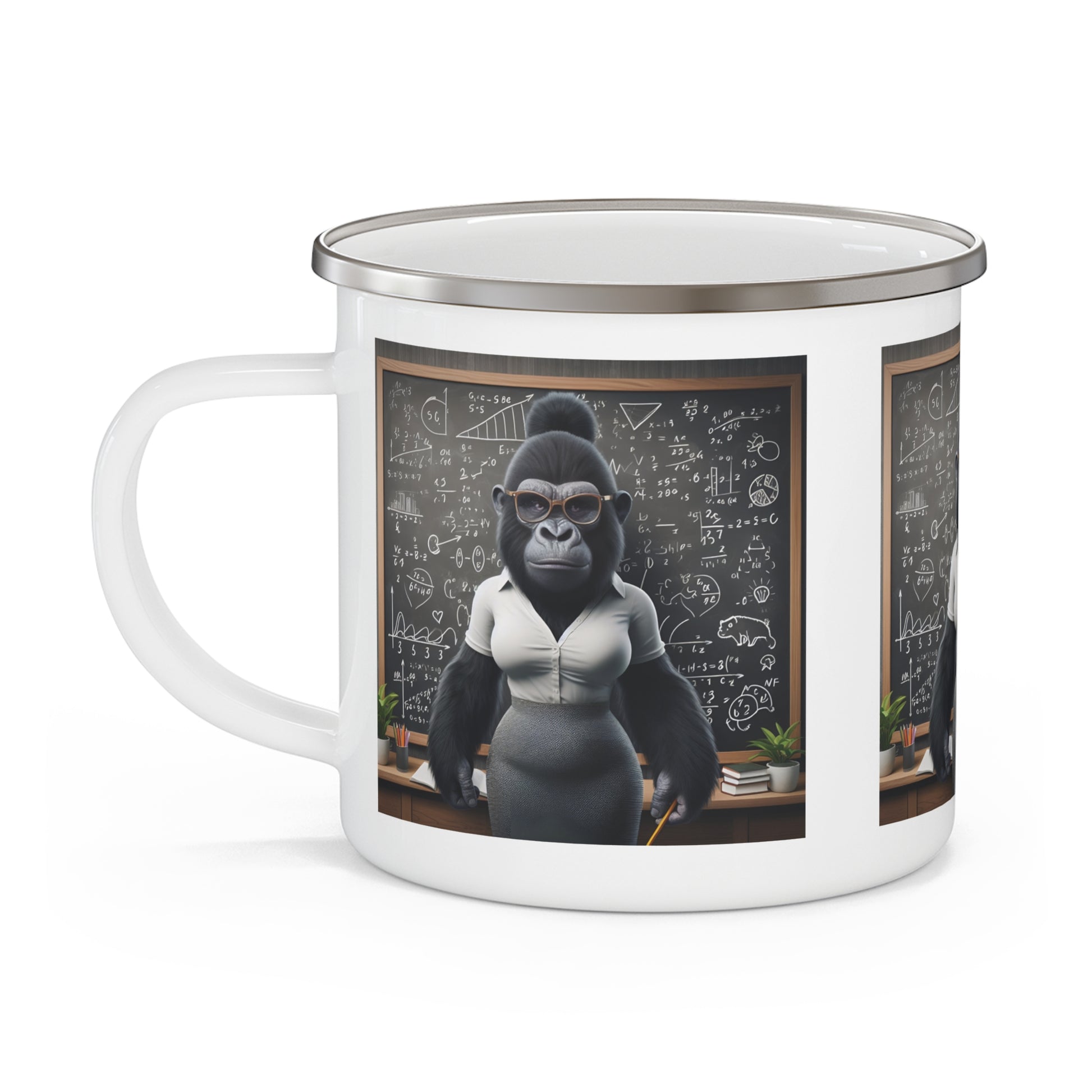Stylish Gorilla Teacher Enamel Camping Mug – Fun Gift for Educators, Nature Lovers