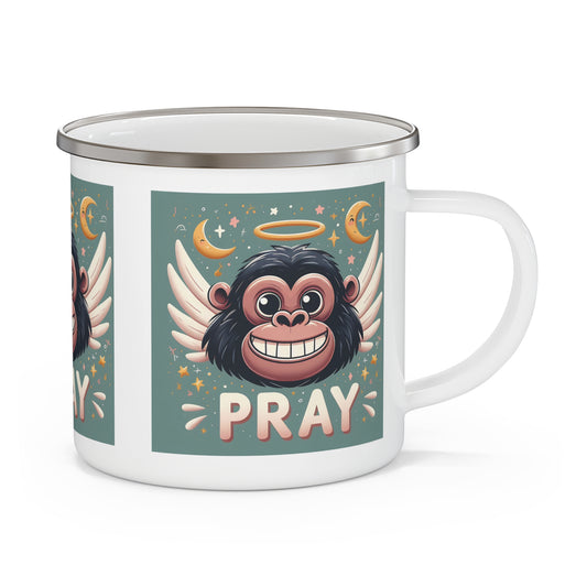 A cartoon "Angel Winged Gorilla PRAY" Enamel Camping Mug, and a motivational "PRAY" message. Perfect for camping, hiking, or everyday use, this mug is a great companion for outdoor adventures. Ideal gift for nature lovers, this mug combines faith, inspiration, positivity in a fun and practical way. BUY NOW! (SK Superb)