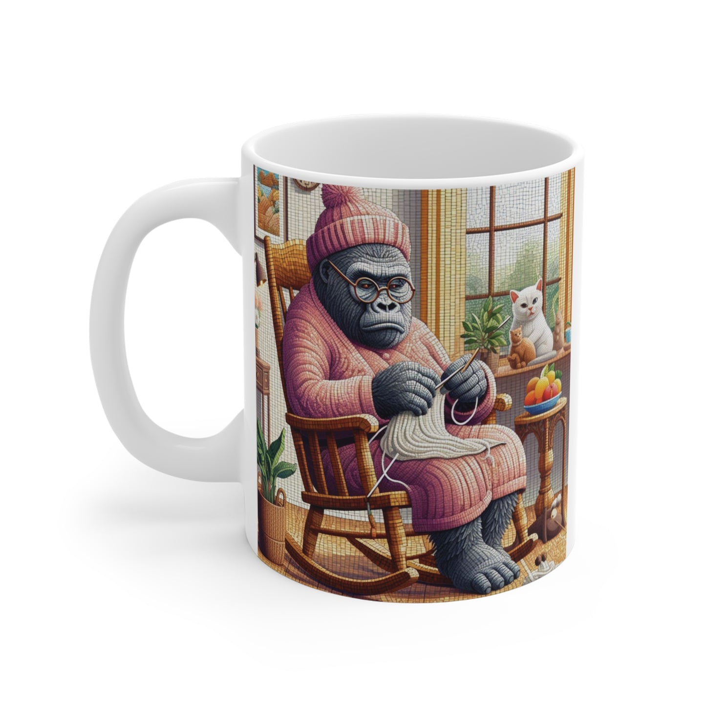 Cozy Grandma Gorilla Knitting 11oz Mug with Kitty's Companion - Gift for Grandma