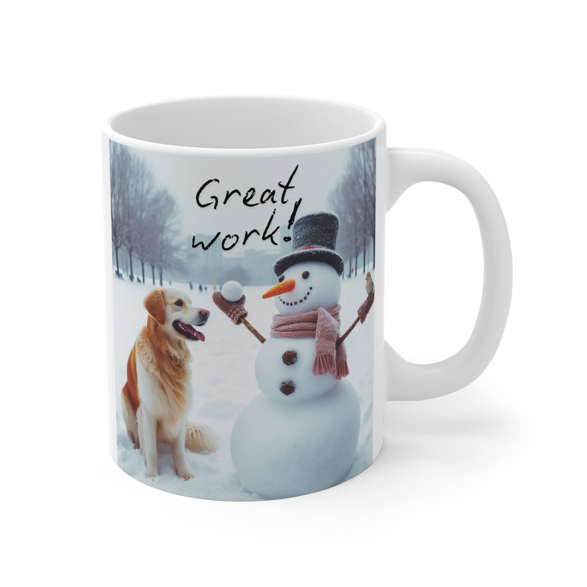 Golden Retriever & Snowman 11oz Mug - Winter Wonderland Coffee Cup