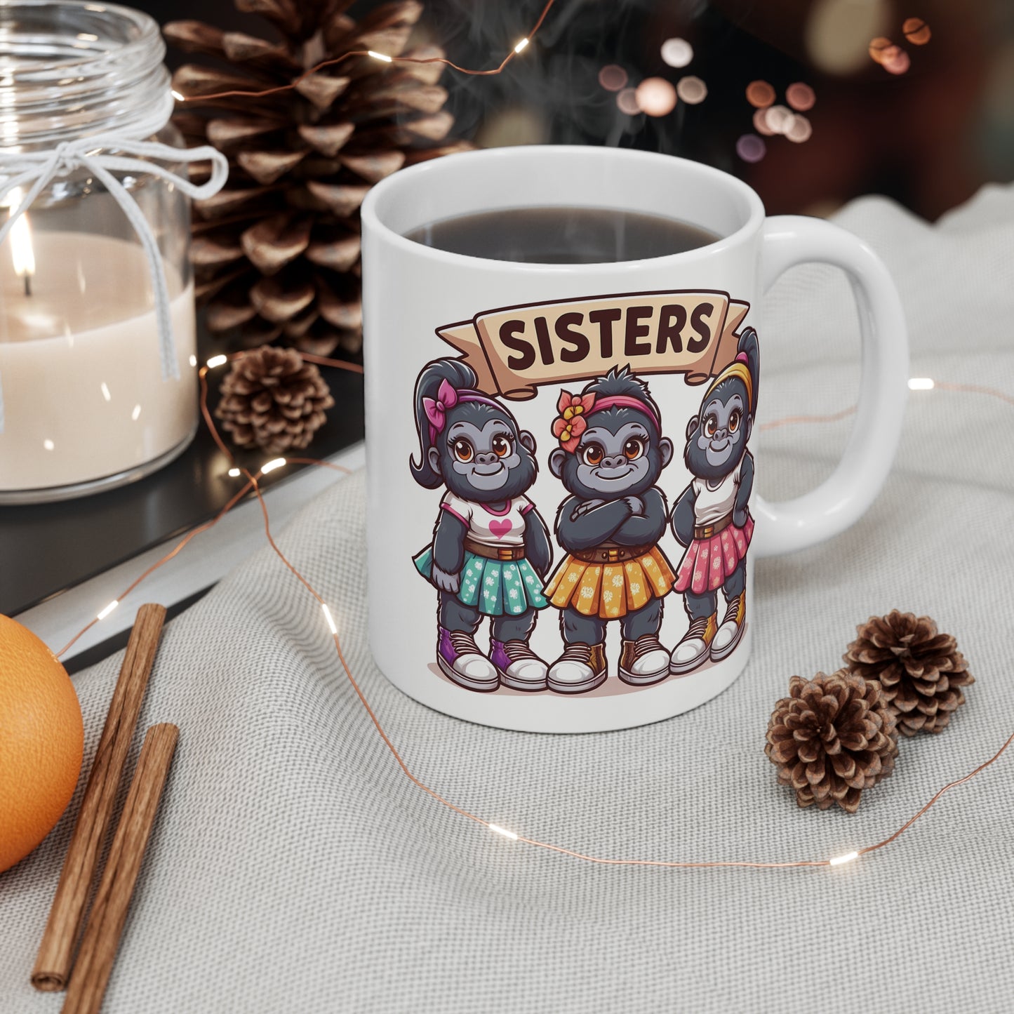 Adorable Cartoon Gorilla Sisters Trio 11oz Mug - Siblings Love