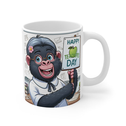 A cheerful gorilla student appreciating their teacher 11oz mug! Perfect gift for any teacher who loves fun and thoughtful presents. BUY NOW! (SK Superb)