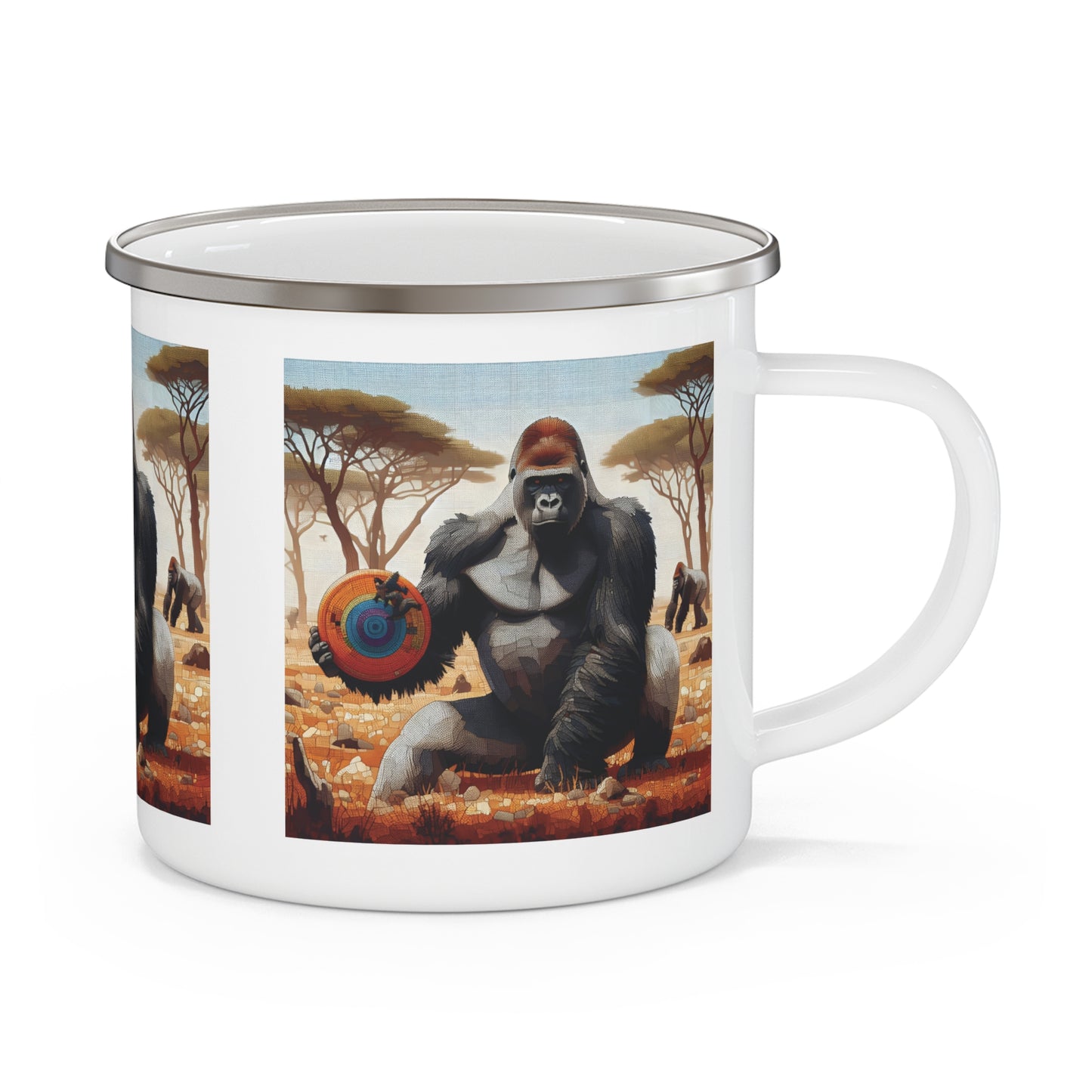 Our "Adventure-Ready Gorilla" Enamel Camping Mug features a bold gorilla holding a frisbee in a savanna backdrop. Perfect for camping, hiking, and outdoor adventures. Add this unique, reusable campfire mug to your outdoor gear and elevate your camping experience. BUY NOW! (SK Superb)