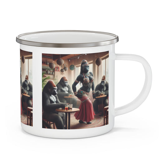 Elevate your outdoor adventures with our captivating Gorilla Belly Dancer Enamel Camping Mug. Perfect for gorilla lovers, art enthusiasts, and anyone with a sense of humor. BUY NOW! (SK Superb)