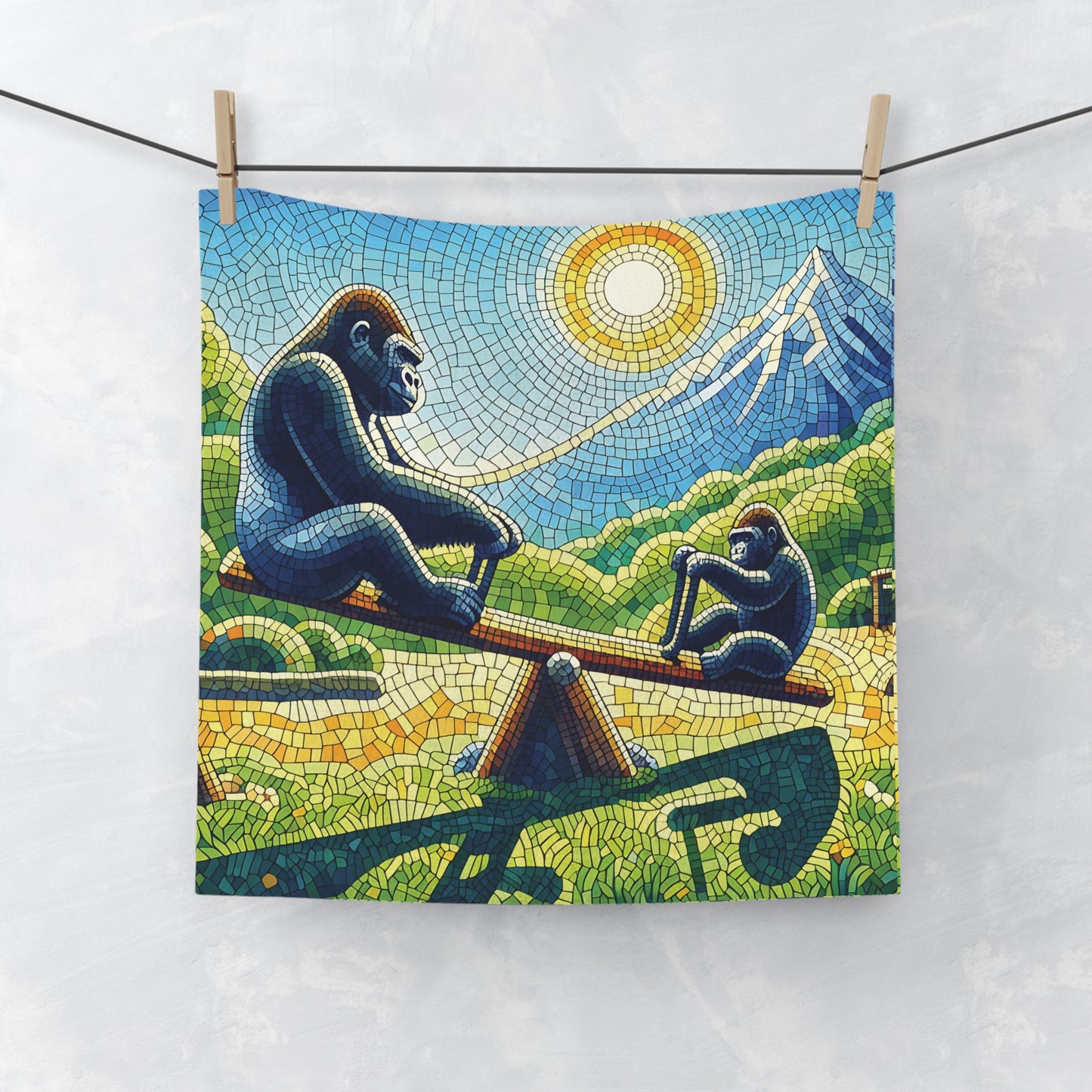 Celebrate the joy of companionship with our "Mosaic Art Gorilla Family Seesaw Ride Face Towel". This towel captures the essence of togetherness and fun in nature, adding a decorative touch to your bathroom decor. A thoughtful gift for those who loves wildlife and art. BUY NOW! (SK Superb)