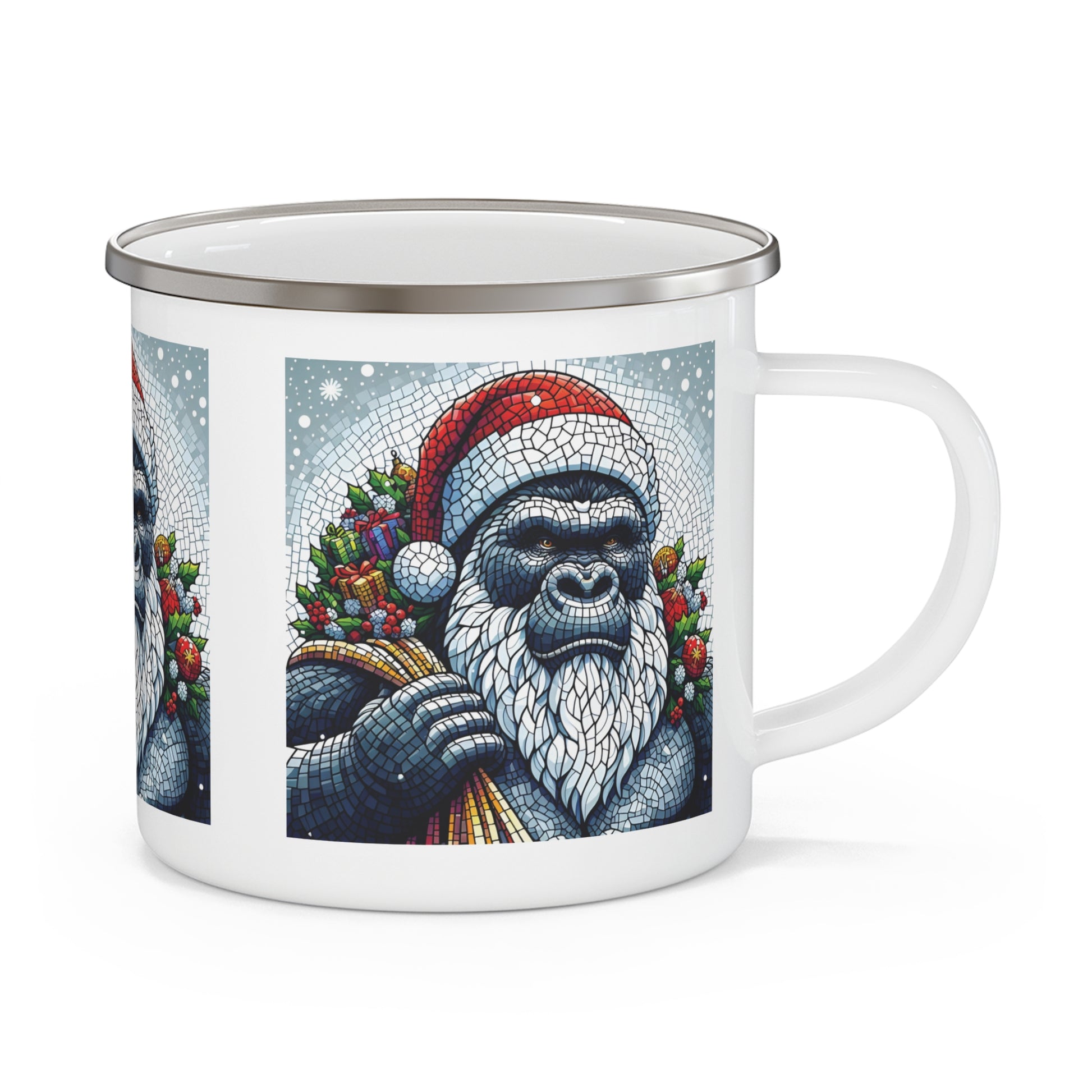 Celebrate the holiday season with our practical, mosaic style "Festive Gorilla Santa" Enamel Camping Mug. Perfect for camping trips, outdoor adventures, indoor use. Ideal holiday gift for campers, hikers, nature lovers, and anyone who appreciates artistic drinkware. BUY NOW! (SK Superb)