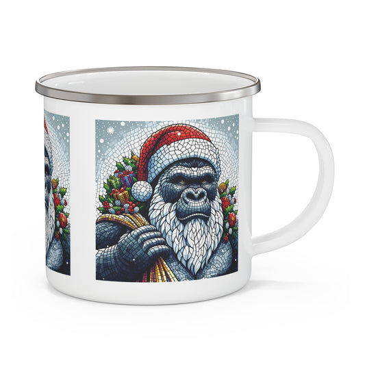 Celebrate the holiday season with our practical, mosaic style "Festive Gorilla Santa" Enamel Camping Mug. Perfect for camping trips, outdoor adventures, indoor use. Ideal holiday gift for campers, hikers, nature lovers, and anyone who appreciates artistic drinkware. BUY NOW! (SK Superb)