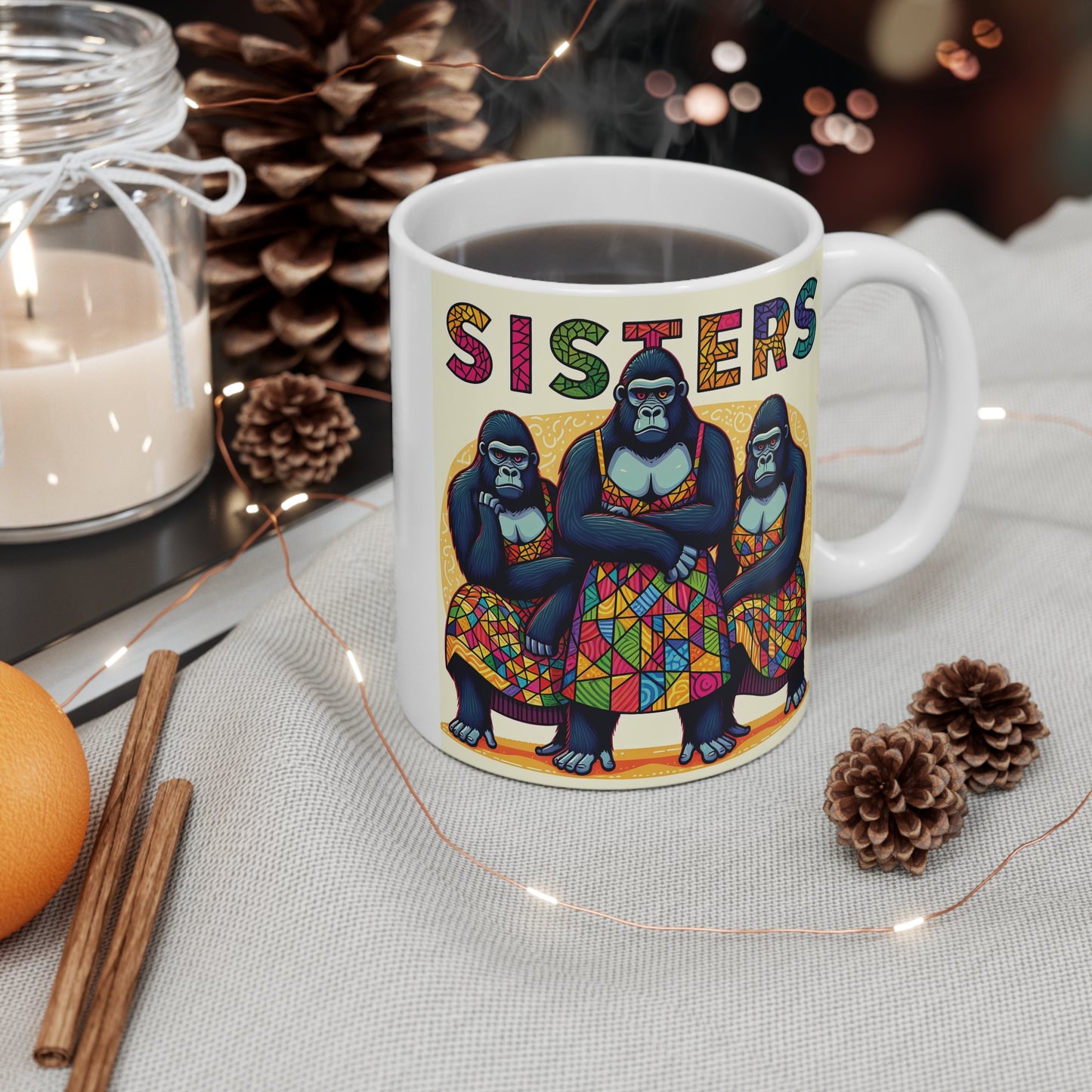 Colorful "Sisters" Gorilla Design 11oz Mug – Gift for Sisters and Gorilla Lovers