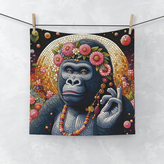 A face towel of a mosaic gorilla with a floral crown, symbolizing strength and beauty. This towel combines art and functionality in a truly unique way. Ideal for bridal showers, bachelorette parties, or everyday use. An unforgettable gift for the bride-to-be or bridesmaids. BUY NOW! (SK Superb)