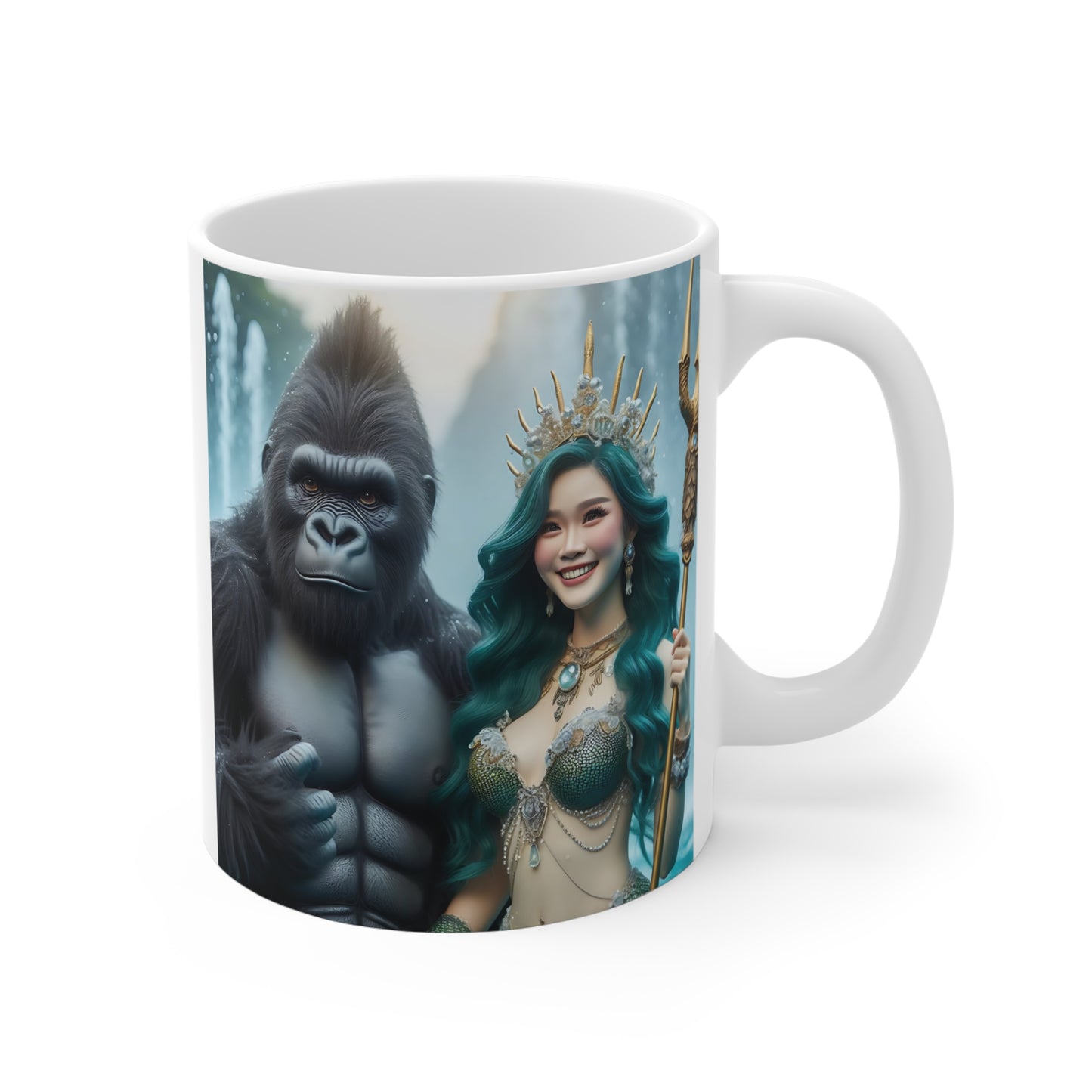 Immerse yourself in a world of fantasy with our 11oz Mug, showcasing a striking image of a powerful gorilla and an enchanting mermaid queen. This mug is an ideal gift for lovers of mythical creatures and unique artwork. BUY NOW! (SK Superb)