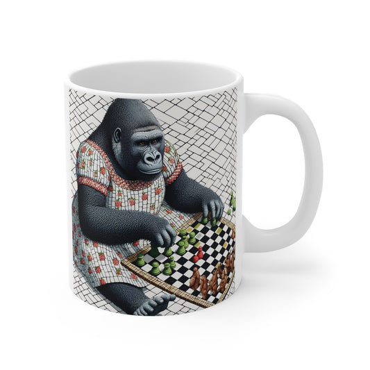 Our mosaic style "Female Gorilla Chess Lover" 11oz Mug symbolizes the universal love for the game of chess shared by humans and animals. Perfect for anyone who appreciates the blend of art and strategy. Ideal gift for chess lovers, animal enthusiasts, and art collectors. BUY NOW! (SK Superb)