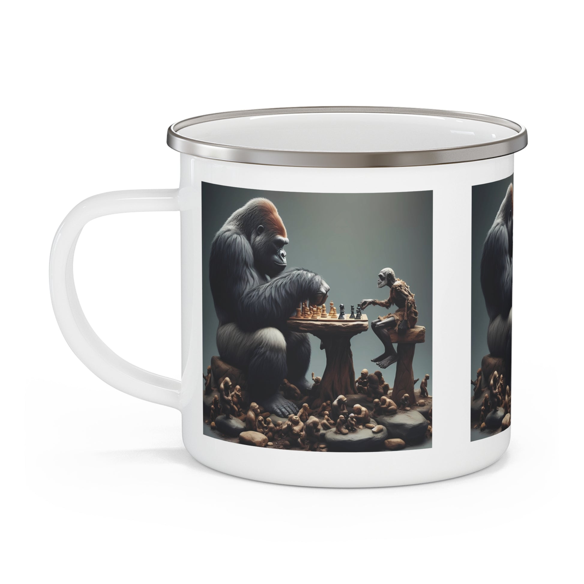 Chess Duel Gorilla vs Caveman Enamel Camping Mug – Animal/Outdoor Adventure Gift
