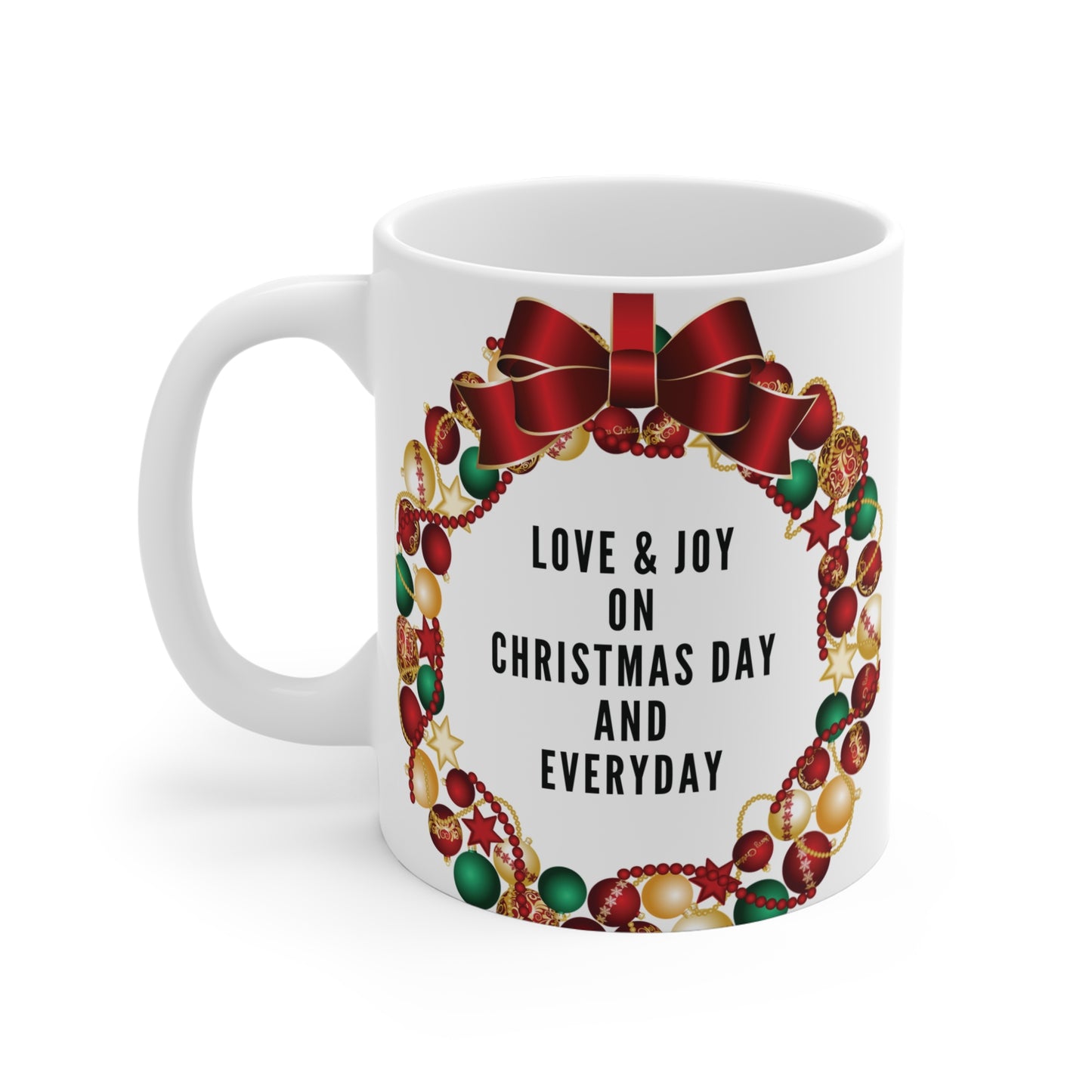 Christmas Joy 11oz Mug – Love & Joy Wreath Design for Holiday Cheer