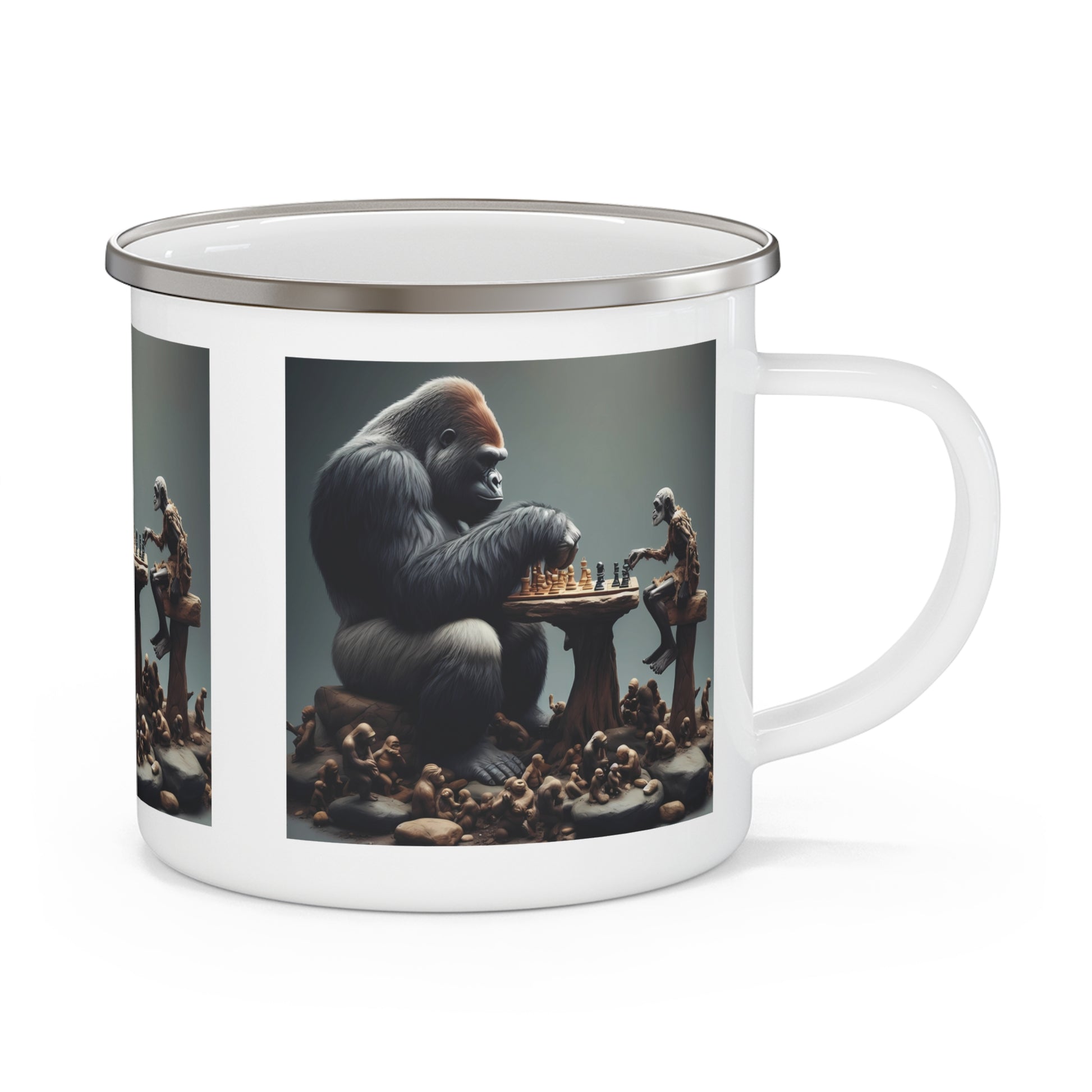Shop this unique vintage enamel camping mug featuring a striking "Gorilla vs Caveman Chess Duel" design. It's perfect for camping, hiking, and other outdoor adventures or home use. Makes a great gift for chess lovers and camping enthusiasts. BUY NOW! (SK Superb)