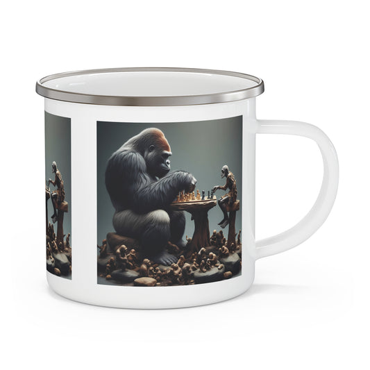Shop this unique vintage enamel camping mug featuring a striking "Gorilla vs Caveman Chess Duel" design. It's perfect for camping, hiking, and other outdoor adventures or home use. Makes a great gift for chess lovers and camping enthusiasts. BUY NOW! (SK Superb)