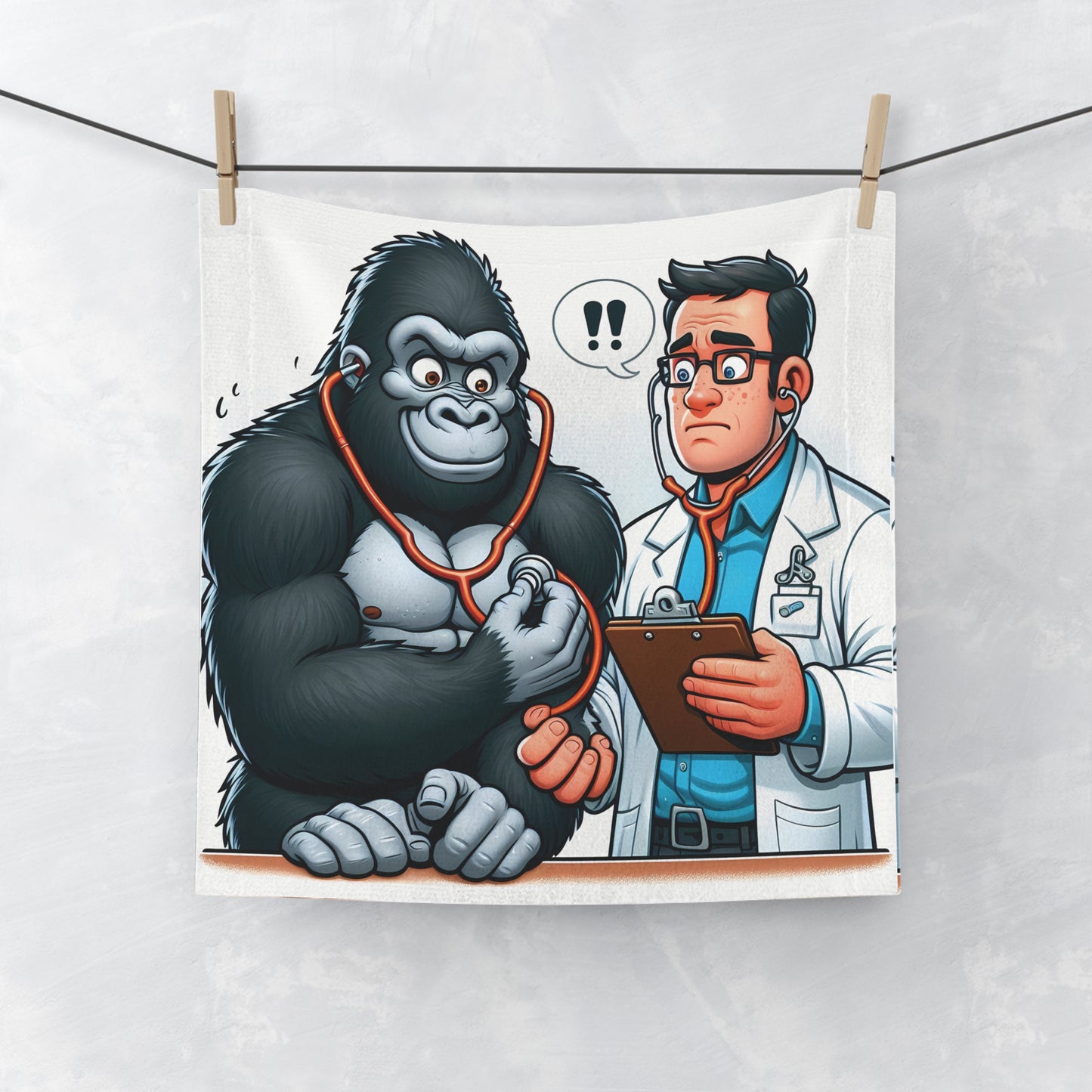 Bring a touch of humor and whimsy to your bathroom decor with our "Quirky Cartoon Gorilla and Doctor Face Towel." This towel is perfect for animal lovers, medical professionals, children and adults alike. BUY NOW! (SK Superb) 