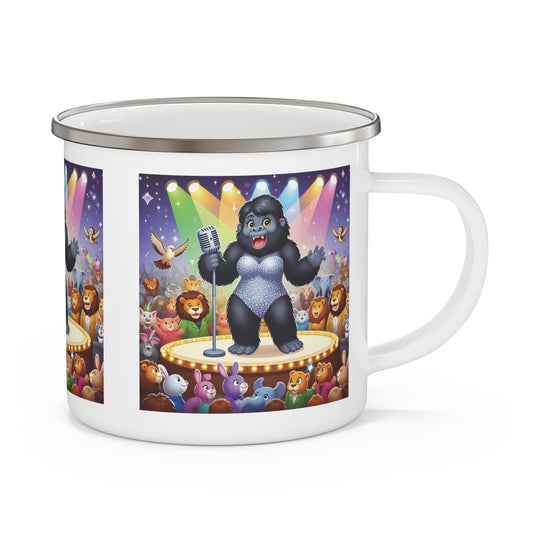 A fun cartoon female gorilla singer enamel camping mug dazzling on stage, with adorable animal audience. A mug for your outdoor adventures, camping trips, or cozy home use. A unique gift for animal lovers, music fans, and anyone who loves whimsical art. BUY NOW! (SK Superb)