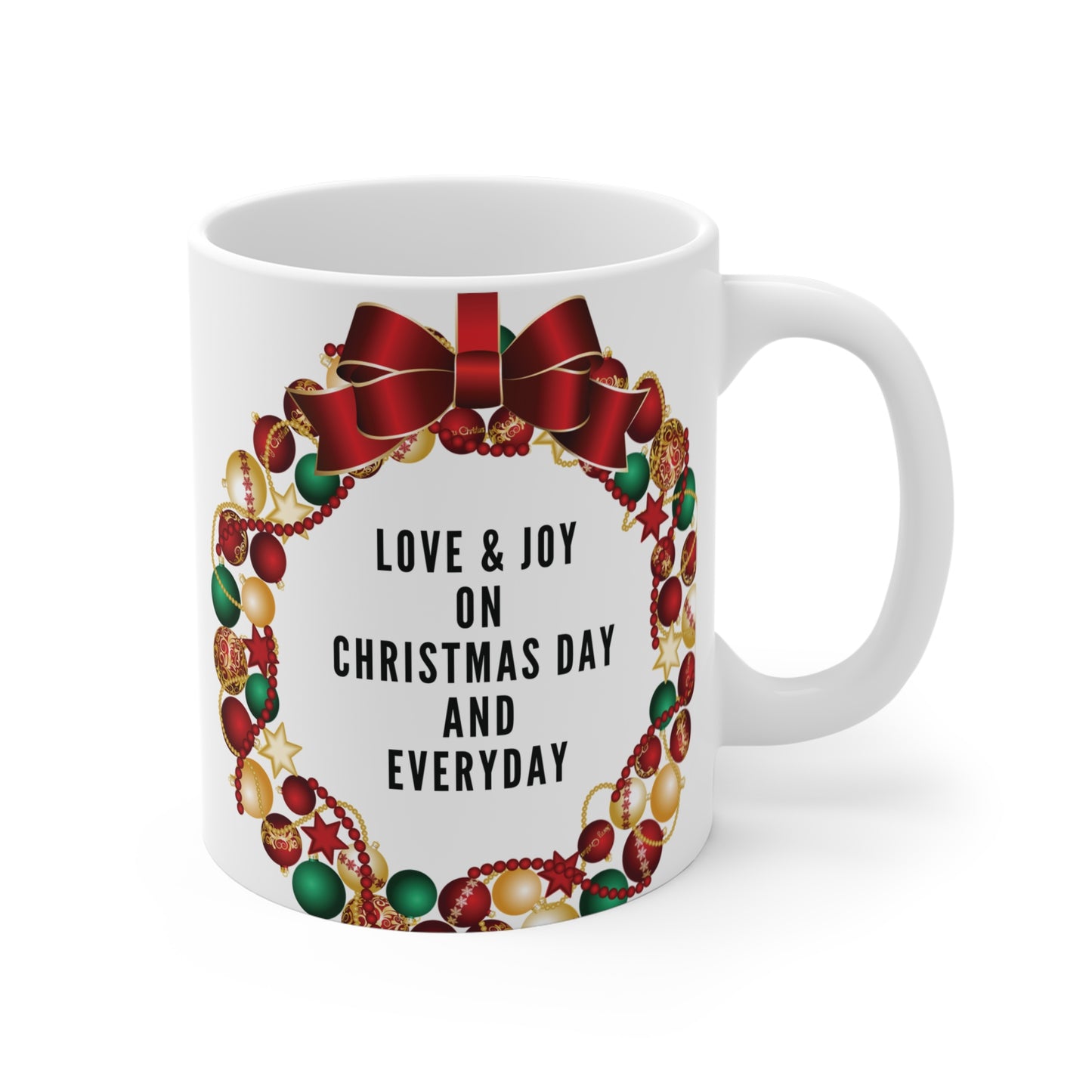 Christmas Joy 11oz Mug – Love & Joy Wreath Design for Holiday Cheer