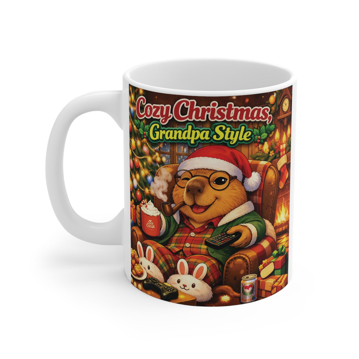 Premium white 11oz ceramic mug with vibrant holiday artwork of a capybara in a Santa hat celebrating a cozy Christmas in cabin style.