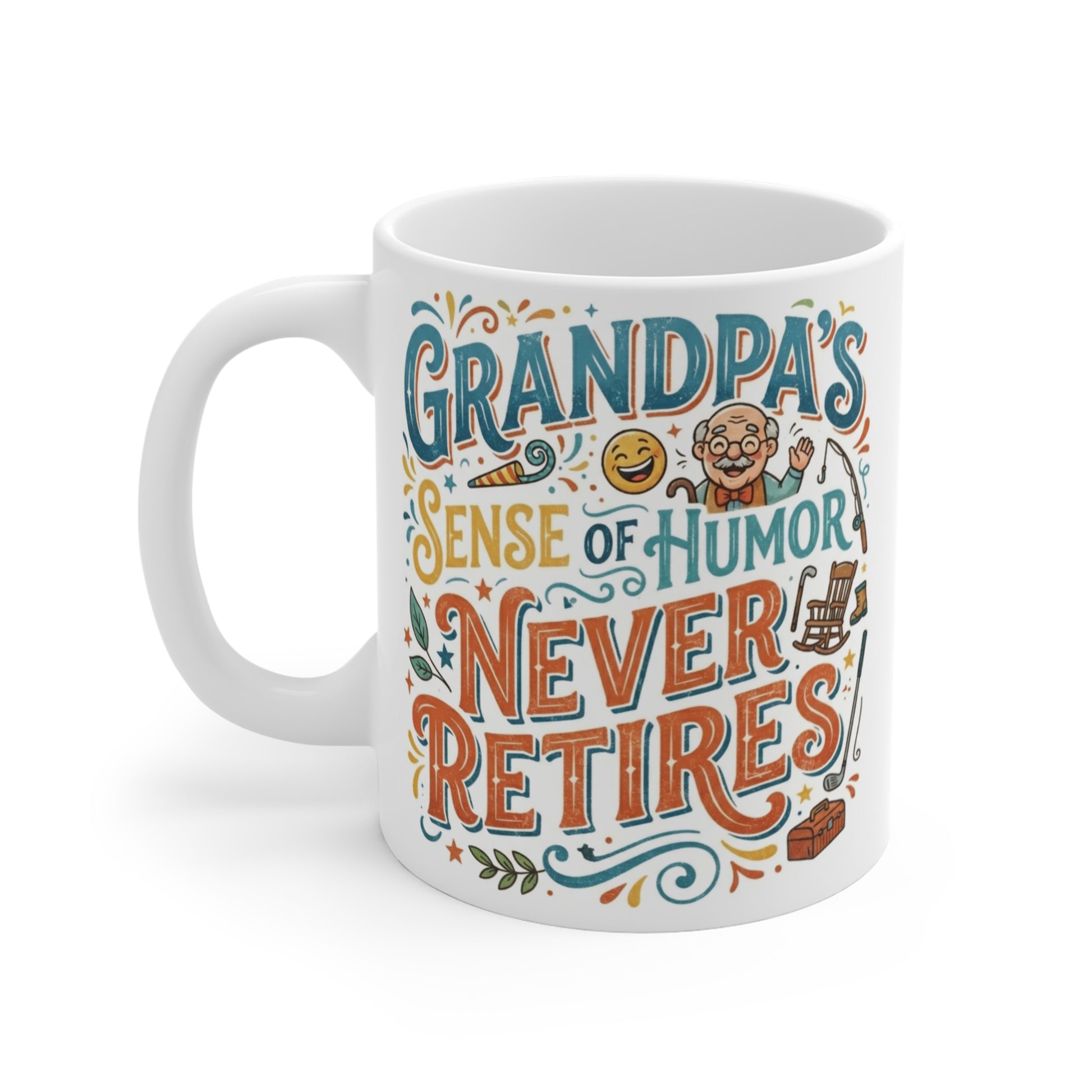 Premium 11oz ceramic Grandpa mug with humorous retirement quote and decorative typography, great gift for Grandpa, Papa, or Grandfather on any special occasion.