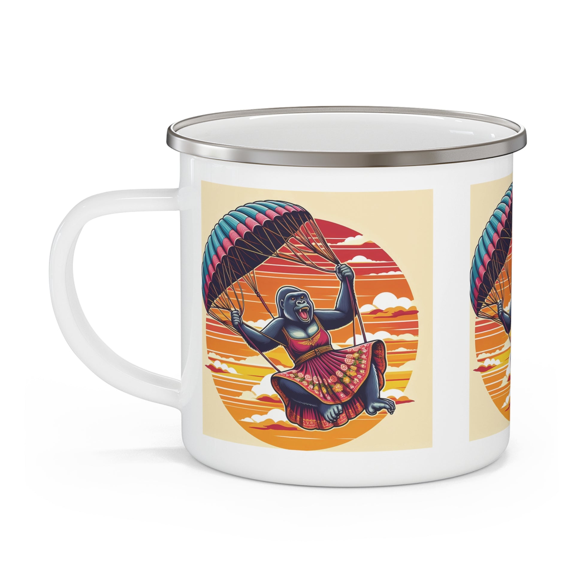 Joyful Female Gorilla Paragliding Enamel Camping Mug - Animal and Outdoor Adventure Theme