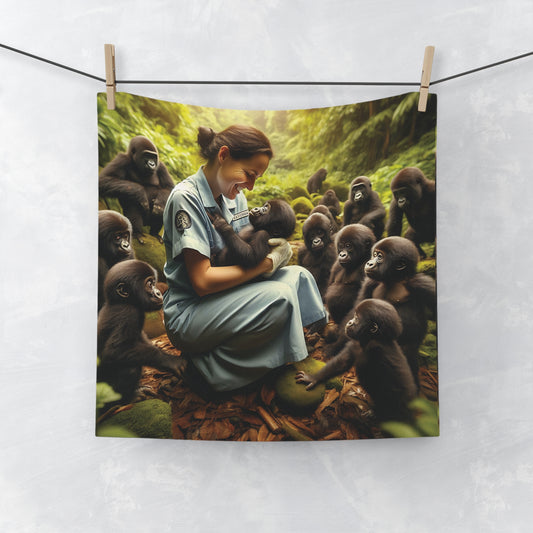 A heartwarming Face Towel of a caring nurse surrounded by adorable baby gorillas in a forest setting. Ideal for daily use or as a thoughtful gift, adding warmth to your bathroom or travel essentials. Gift for animal lovers, nature enthusiasts, and anyone who loves meaningful designs. BUY NOW! (SK Superb)