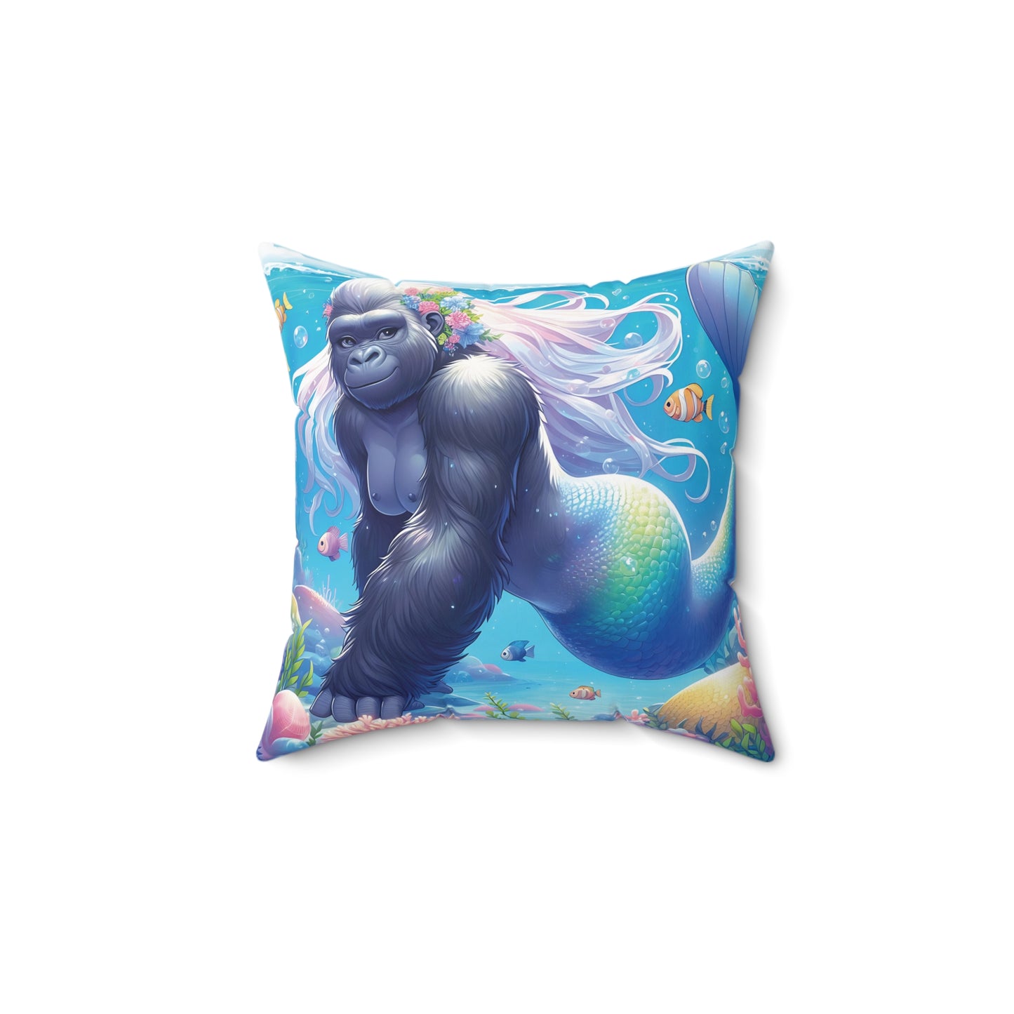 Dive into a world of fantasy with our Mythical Gorilla Mermaid Throw Pillow! A stunning design of a gorilla's mermaid, this pillow is perfect for adding a touch of whimsy to your home decor. Ideal for your living room, bedroom, or as a unique gift for a friend. (SK Superb)