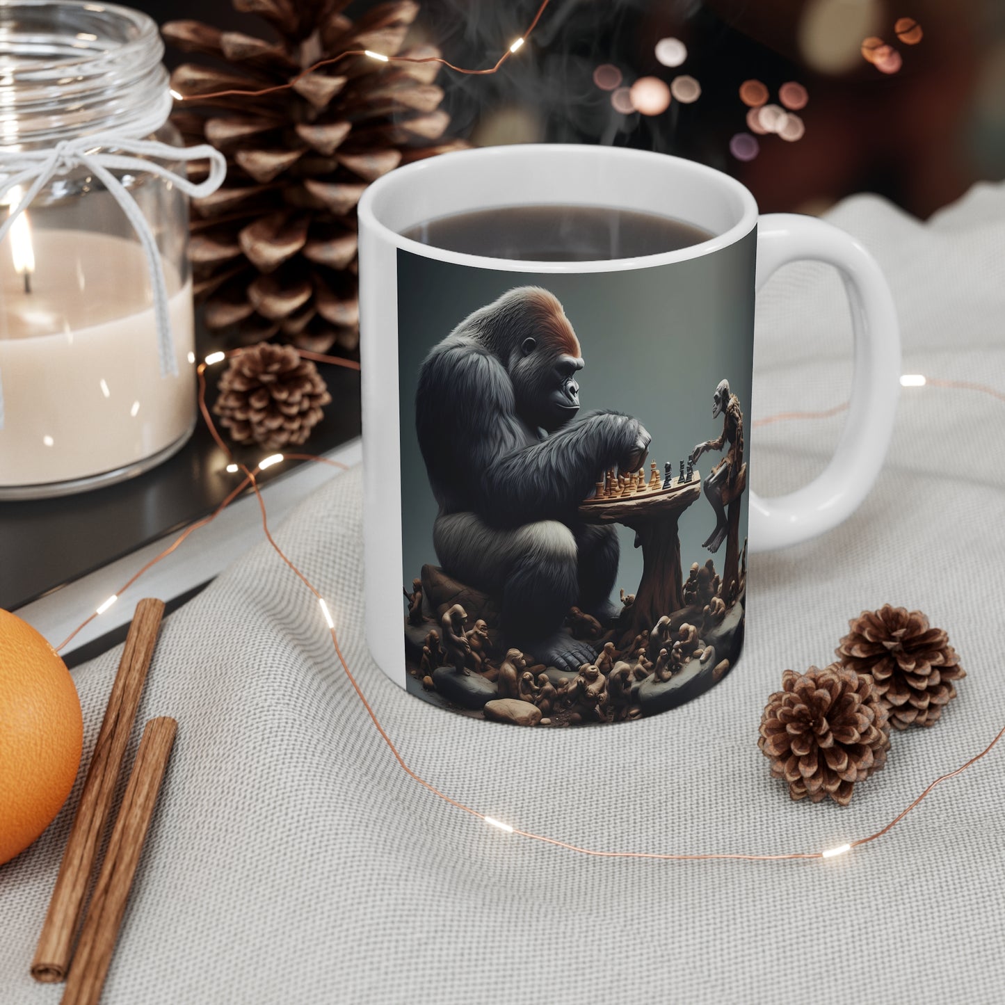 Gorilla & Caveman Chess Duel 11oz Mug - Unique Animal Art Coffee Cup