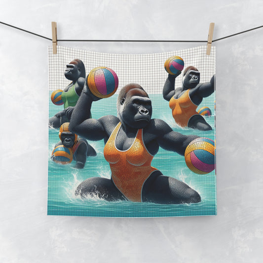 Our Female Gorilla Water Polo Game Face Towel features gorillas engaging in an intense water polo match. Ideal for gym sessions, poolside fun, or everyday use. Perfect Gift for sports/animal lovers, and anyone who appreciates unique, artistic designs. A towel of functionality and fun! BUY NOW! (SK Superb)