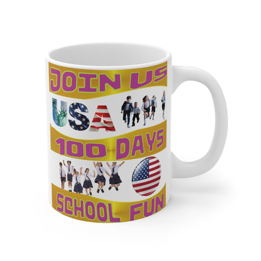 Our 100 days of school USA-themed 11oz mug! Perfect gift for teachers, students, school milestone celebrations, or as a unique patriotic keepsake! BUY NOW!