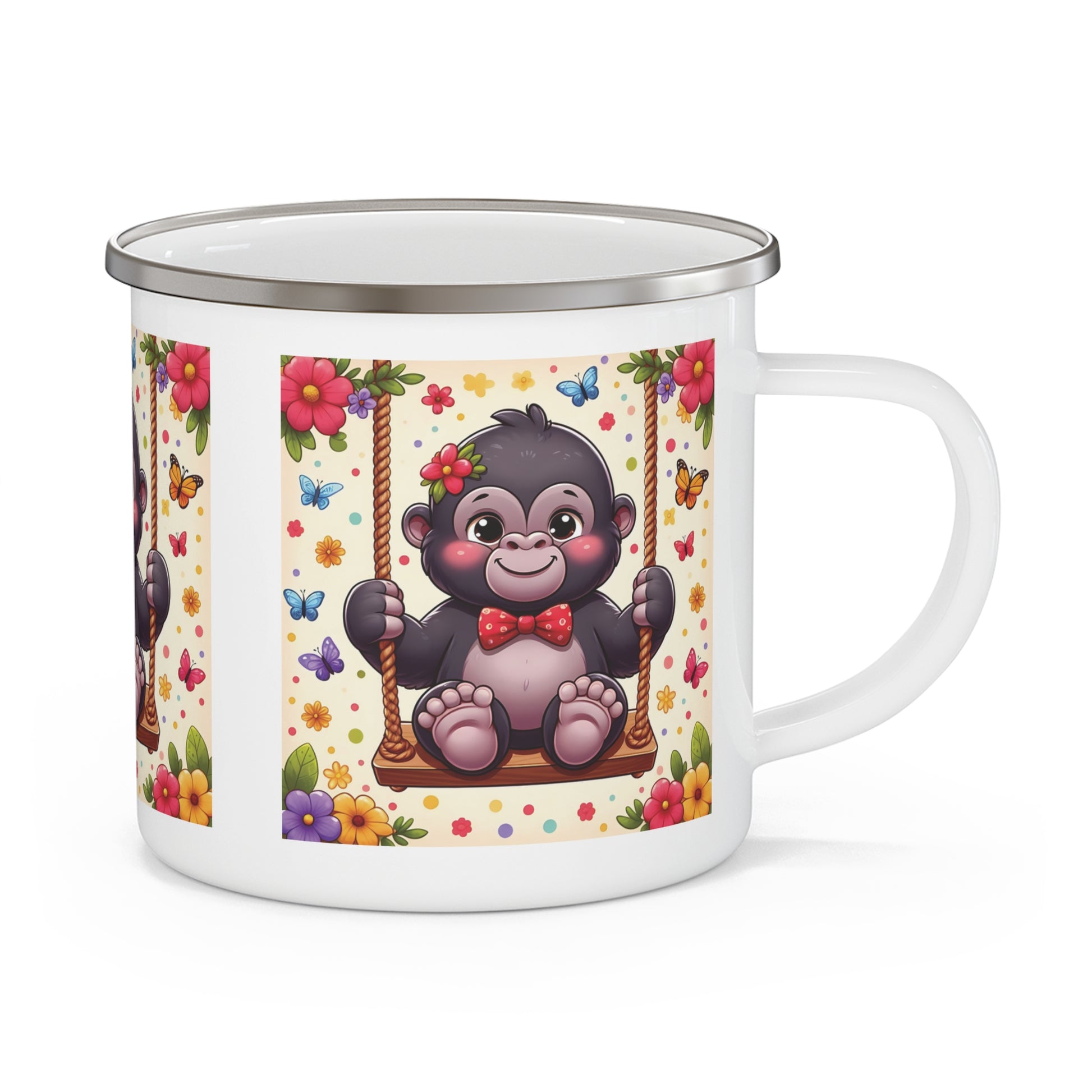 A lovable baby gorilla on a swing Enamel Camping Mug, reminiscent of the joy kids feel while enjoying a swing. A mug for outdoor enthusiasts and families, ideal for camping, hiking, and picnics. Gift for animal lovers, campers, kids, and families who enjoy outdoors. BUY NOW! (SK Superb)